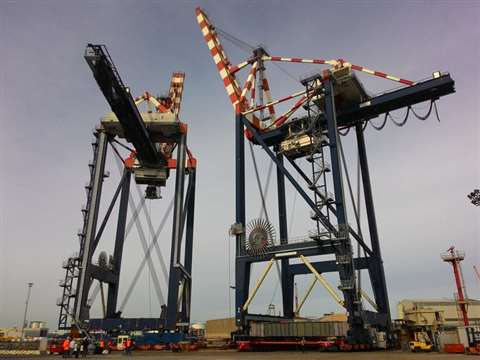Fagioli moving a pair of 800 tonne ship to shore container cranes using a barge and self propelled m