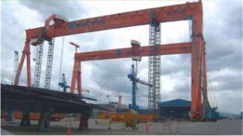 Erecting the second of a pair of goliath gantry cranes at the new Hyundai Heavy Industries Company s