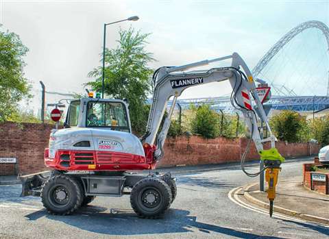 One of Flannery’s new Atlas Copco SB302 hydraulic breakers mounted on a Takeuchi TB295W