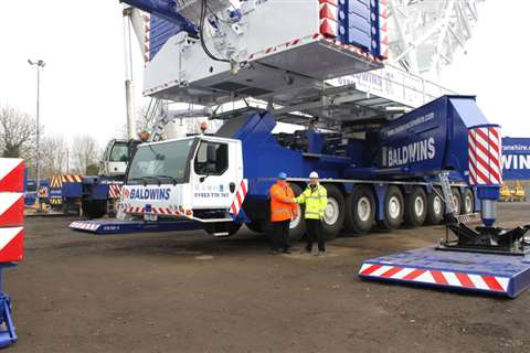 Richard Everist, Liebherr Managing Director hands over the crane to Wayne Baldwin, Baldwins Crane Hi
