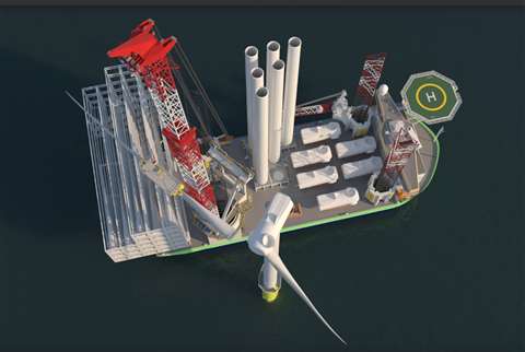 Aerial view artist's impression of OHT wind turbine installation vessel with 2,500 tonne capacity telescopic lattice boom crane redand white and the jack up legs too