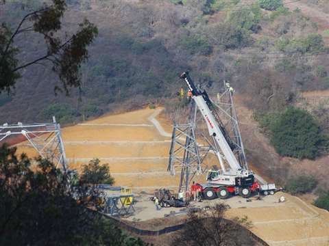 Link-Belt RTC-80150 Series II lifts a tower section for a transmission tower project in the San Gabr