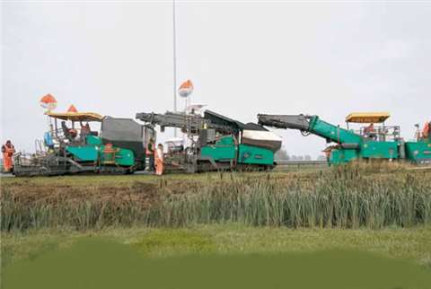 Vogele's Inline Pave system allows the surface and binding cource to be laid at the same time, for a