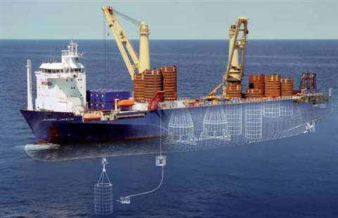 View of Jumbo Javelin with the suction piles on deck and two STL buoys and anchor chain in the lower