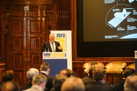 Andy Studdert, chairman &amp; CEO of US-based NES Rentals, and IPAF president, speaks at Europlatfor