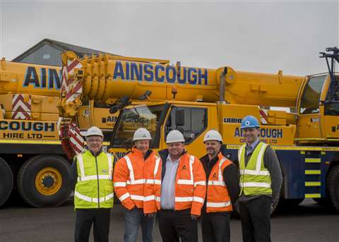 Pictured at the Dundee depot opening, left to right, are: Graham Spence, site manager, Taylor Wimpey; Michael Pratt, commercial director, InverTay Homes; Kenny McMinn, Dundee depot manager, Ainscough Crane Hire; Gavin Egdell, regional operations manager,