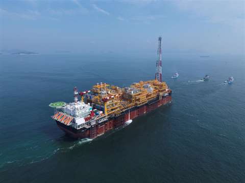 A Liebherr RL-K 4200 ram luffing knuckle-boom crane onboard Total’s Clov floating production storage