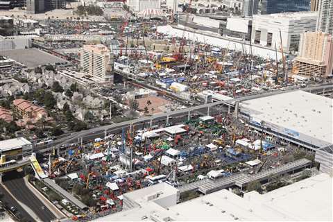 Aerial view of ConExpo 2017 outside area, primarily the old Gold Lot, exhibitor stands and colourful equipment
