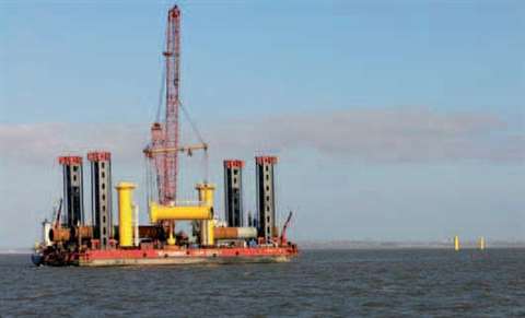 The Jumping Jack upends one of the 220 tonne monopiles in preparation for installation