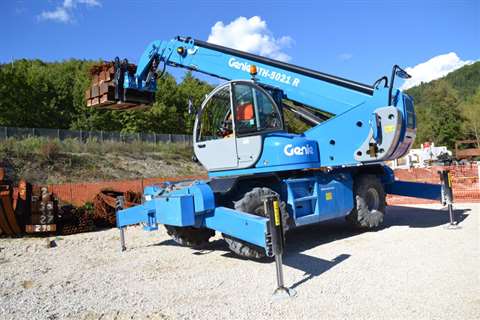 Genie GTH-5021 R transporting 2 tonne pallets of steel girders to the tunnel entrance.