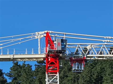 Close up of the low top tower head design on the Jaso J800.48 showing the pendant. Painted red and white, against a nice blue sky
