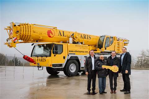 Marking the Al Faris order at the Liebherr-Werk Ehingen factory in Germany were, from left to right: Holger Amann, Liebherr Middle East FZE; Hillary Pinto, Al Faris Group; Christoph Kleiner and Georg Reinbold, both from Liebherr-Werk Ehingen