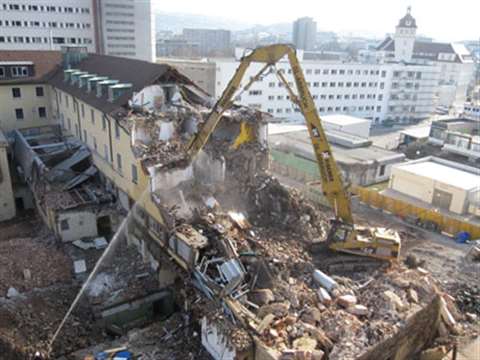 Cat equipment, including a 365B high reach, is being used on the demolition phase of the Stuttgart h