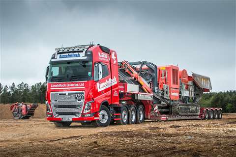 Limehillock Quarries' Volvo FH16-750 with Nooteboom four axle trailer all in bright red