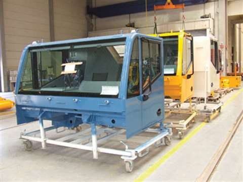 All terrain crane driver cabins in production at a Terex Cranes factory in Germany