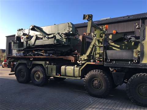 Unic URW-1006+ mini crawler crane on the back of Danish military truck