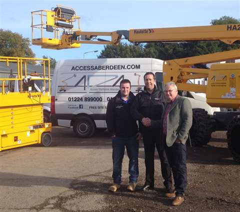 From left: Ryan Petrie, Access Platforms Aberdeen; Ged Kelly, Haulotte UK account manager; Rob Petri