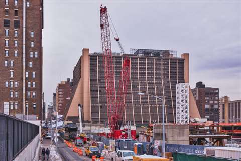 The 600 tonne capacity Manitowoc 18000 crawler crane at work on the Hudson Yards redevelopment proje