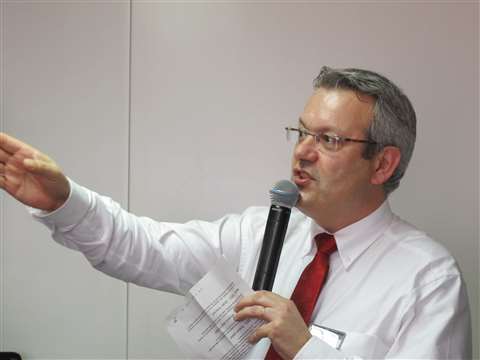Dominique Bamas, Manitou's interim CEO, speaking at Bauma. 