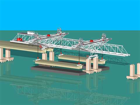 The gantry is designed to erect viaduct sections up to four decks wide at a rate of up to one bridge