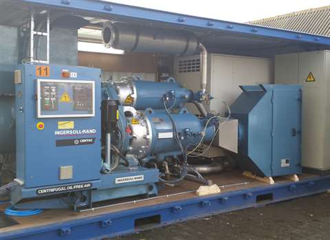 The containerised package consists of a 530 kW oil-free centrifugal air compressor, refrigerant air 