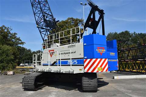 Cluysenaar Kraanverhuur's SCX550-3 crawler crane in blue and white, rear three quarter view