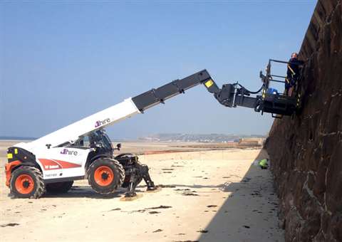 4Hire's Bobcat T40180 telehandler maintains rock armouring in Jersey..  
