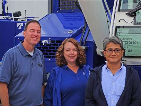 Tadano Mantis team members pictured at the factory in Richlands, Virginia, USA are, from left to right: Patrick Snow, marketing; Julie Fuller, VP engineering and purchasing; and Kozo Yoshida, COO