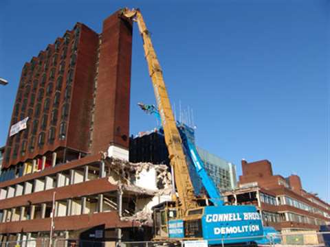 Two high reach excavators performed the primary demolition – a 120 tonne Cat with a 40 m reach and a