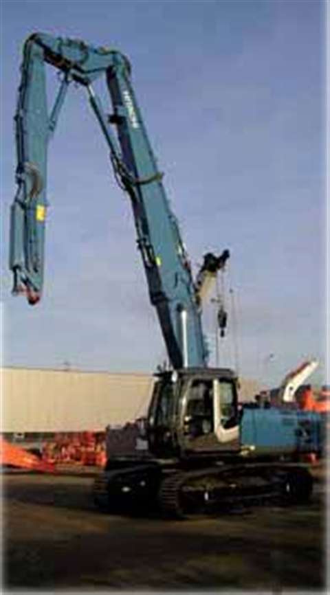 Hitachi will be producing high reach rigs, such as this 21 m (69 ft) ZX350 3, at its Amsterdam, Neth