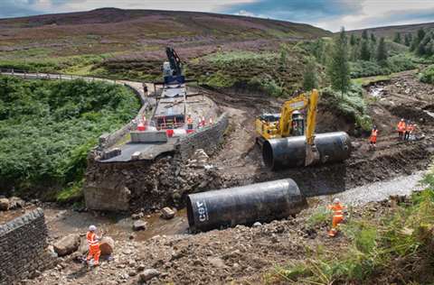 Steel tubing rolled into place in Cogden Beck in the Yorkshire Dales