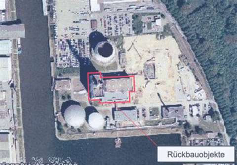 An overhead view of the power station site in Cologne-Niehl. The boiler house is outlined in red