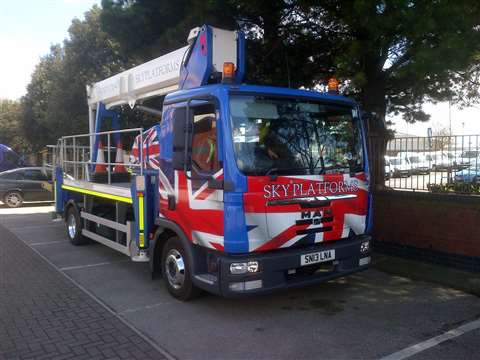Sky Platform Hire's Ascendant 22 TJ telescopic truck mount  with Union Jack flag livery 