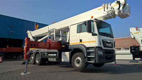 The 55 m working Palfinger jumbo class NX P550 truck mount. 