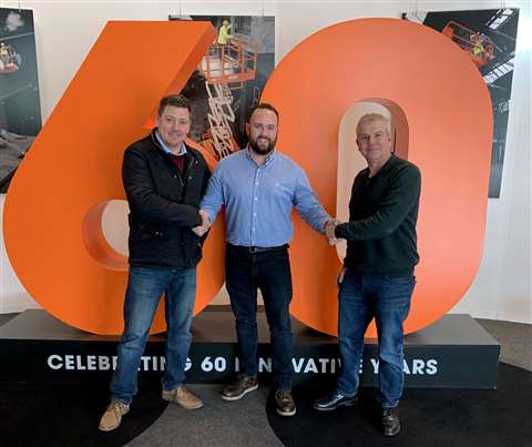 Jason Prisley (left) and Claudio Checchia (right) of 2 Cousins Powered Access at the Snorkel's Vigo Centre facility in early 2020 with Scott Holtby of Snorkel UK (centre)