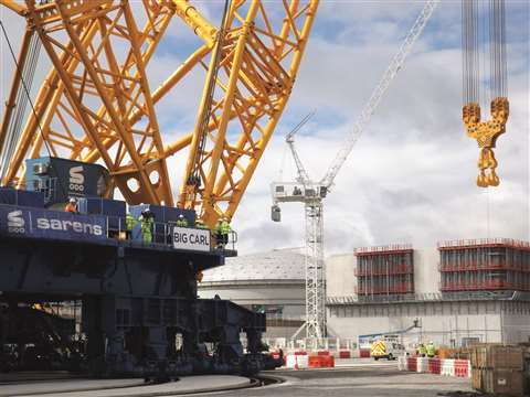 ‘Big Carl’ will lift prefabricated parts for the new nuclear reactor building out of the domed building on the left, where they are kept in controlled conditions, and slew them into their new home (out of shot)