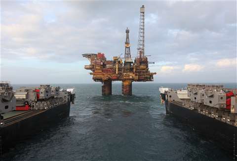 Pioneering Spirit approaches the Brent Bravo