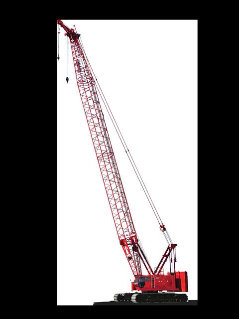 Red Manitowoc MLC150-1, 150 tonne lattice boom crawler crane on a white background