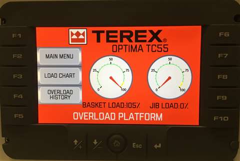 If an overload is detected, the Load Alert screen turns red, displays “overload,” and a dial read-out shows the percentage of overload for either the platform or the jib or both.