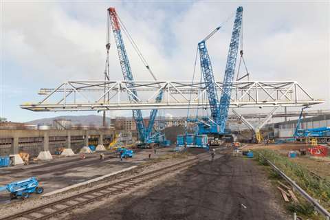 Felbermayr from Austria at work on a bridge construction project using lattice boom Liebherr LG 1750 truck and LR 1750 crawler cranes