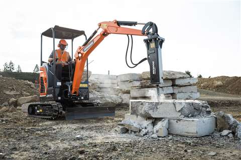 The Doosan HB03 hydraulic breaker fitted on a DX17z mini-excavator