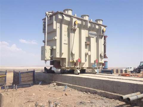 One of the three transformers in place on its foundation